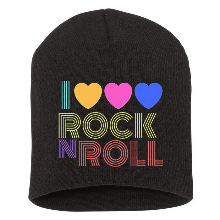 Retro 80s Hearts I Love Rock N Roll Music For Fans Short Acrylic Beanie