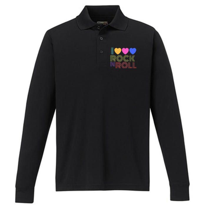 Retro 80s Hearts I Love Rock N Roll Music For Fans Young Performance Long Sleeve Polo