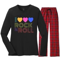 Retro 80s Hearts I Love Rock N Roll Music For Fans Young Women's Long Sleeve Flannel Pajama Set 