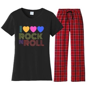 Retro 80s Hearts I Love Rock N Roll Music For Fans Young Women's Flannel Pajama Set