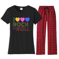 Retro 80s Hearts I Love Rock N Roll Music For Fans Young Women's Flannel Pajama Set