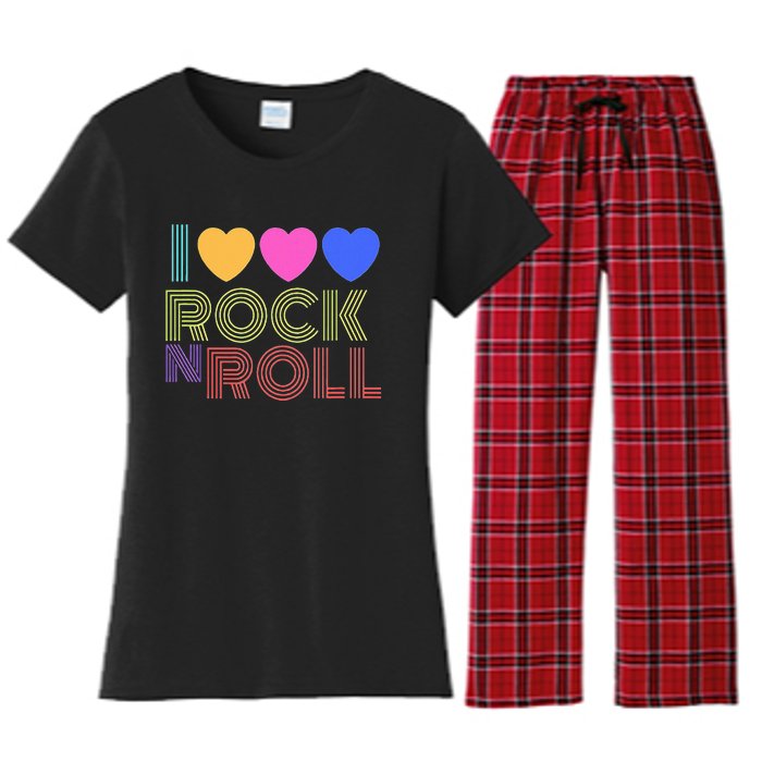 Retro 80s Hearts I Love Rock N Roll Music For Fans Young Women's Flannel Pajama Set