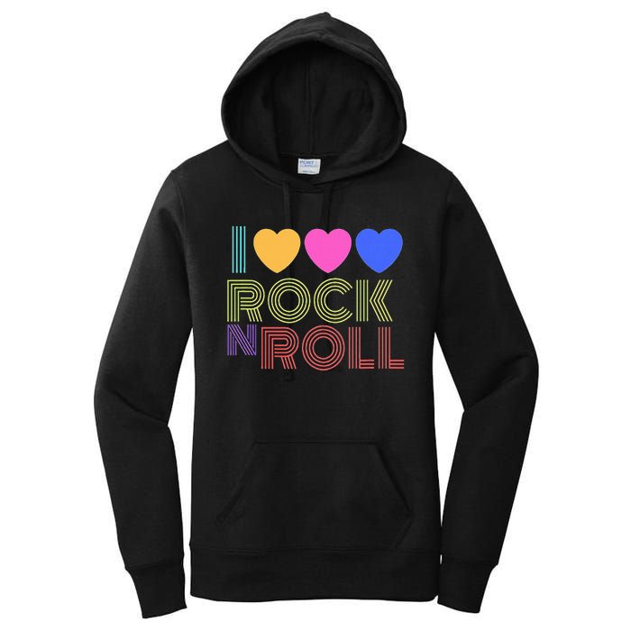 Retro 80s Hearts I Love Rock N Roll Music For Fans Young Women's Pullover Hoodie