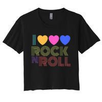 Retro 80s Hearts I Love Rock N Roll Music For Fans Young Women's Crop Top Tee