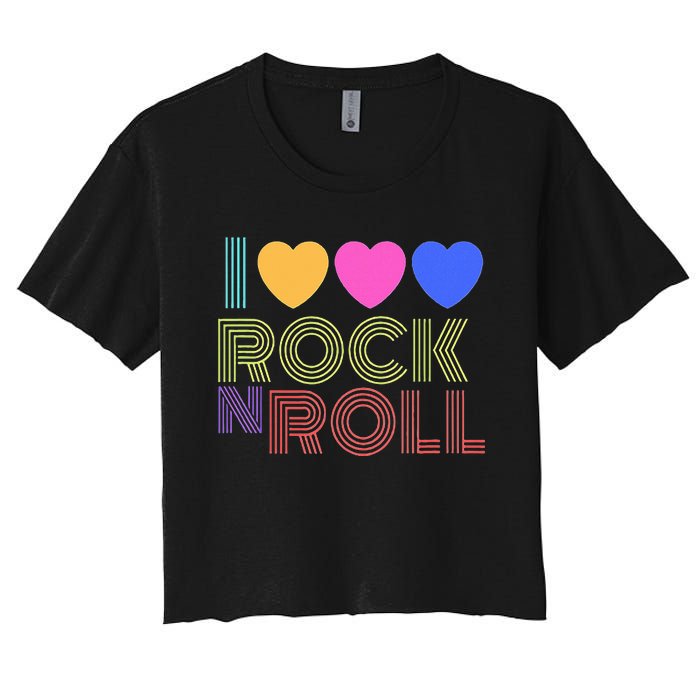 Retro 80s Hearts I Love Rock N Roll Music For Fans Young Women's Crop Top Tee