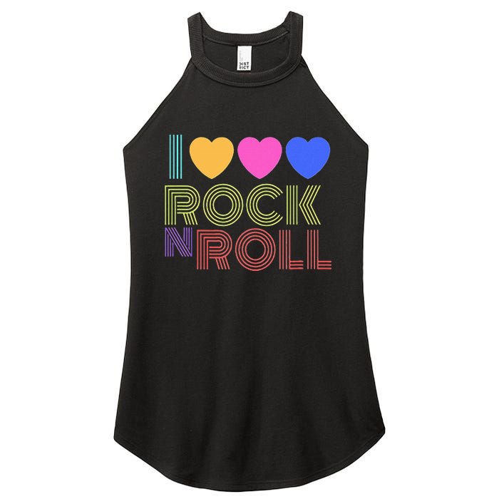 Retro 80s Hearts I Love Rock N Roll Music For Fans Young Women's Perfect Tri Rocker Tank