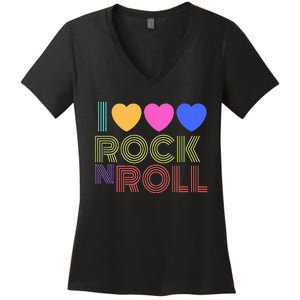 Retro 80s Hearts I Love Rock N Roll Music For Fans Young Women's V-Neck T-Shirt