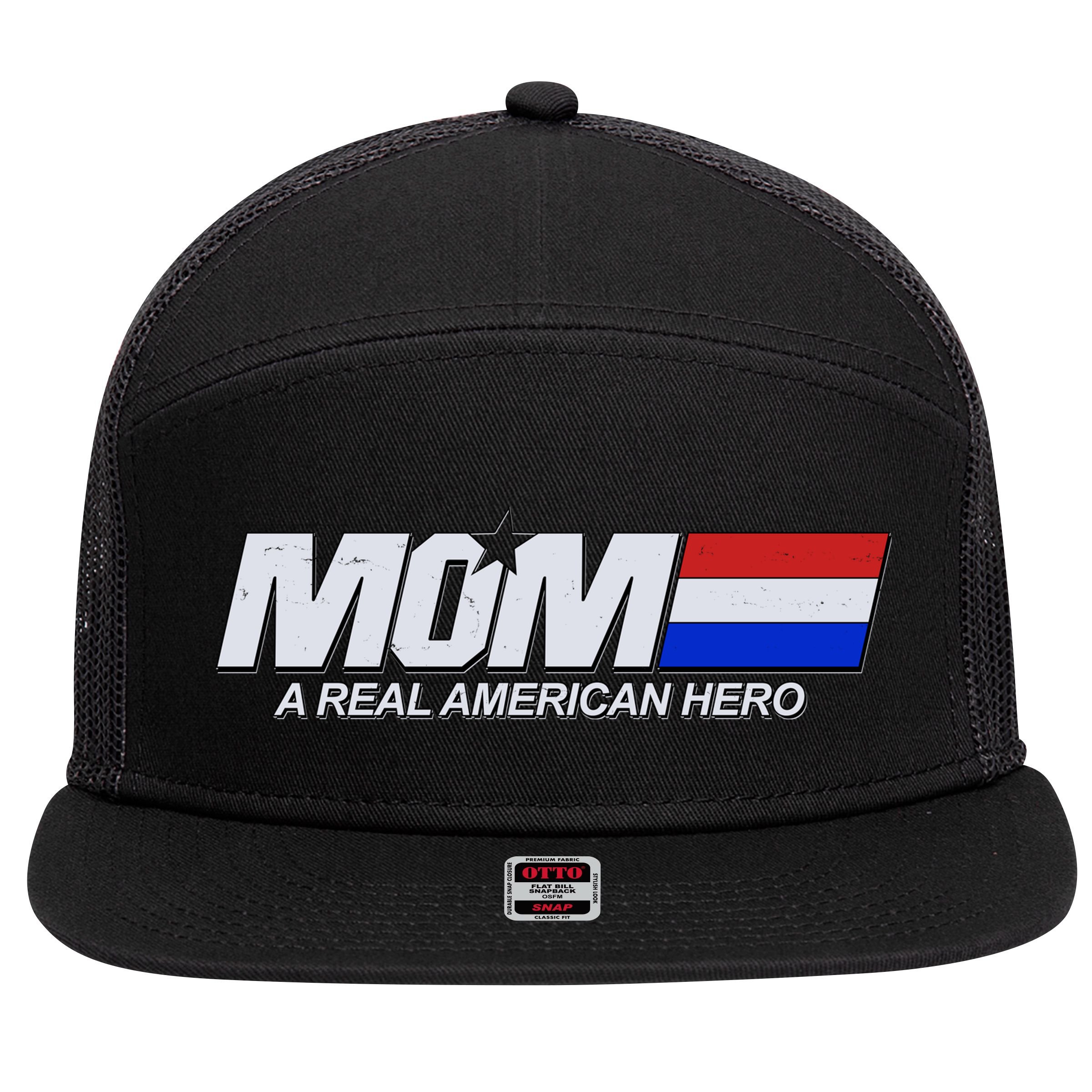 Retro 80's Mom A Real American Hero 7 Panel Mesh Trucker Snapback Hat