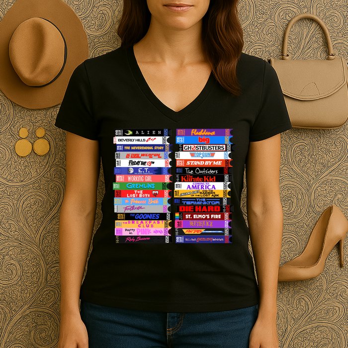 Retro 80s Movies Vhs Stacks Women's V-Neck T-Shirt