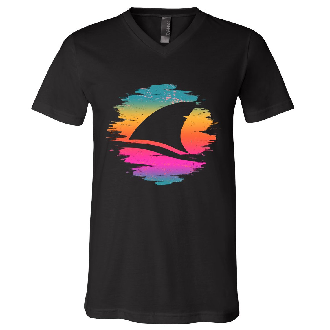 Retro 80's Neon Shark Fin V-Neck T-Shirt