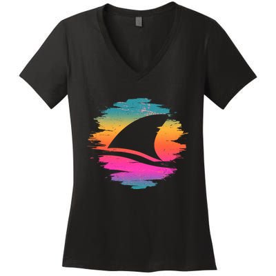 Retro 80's Neon Shark Fin Women's V-Neck T-Shirt
