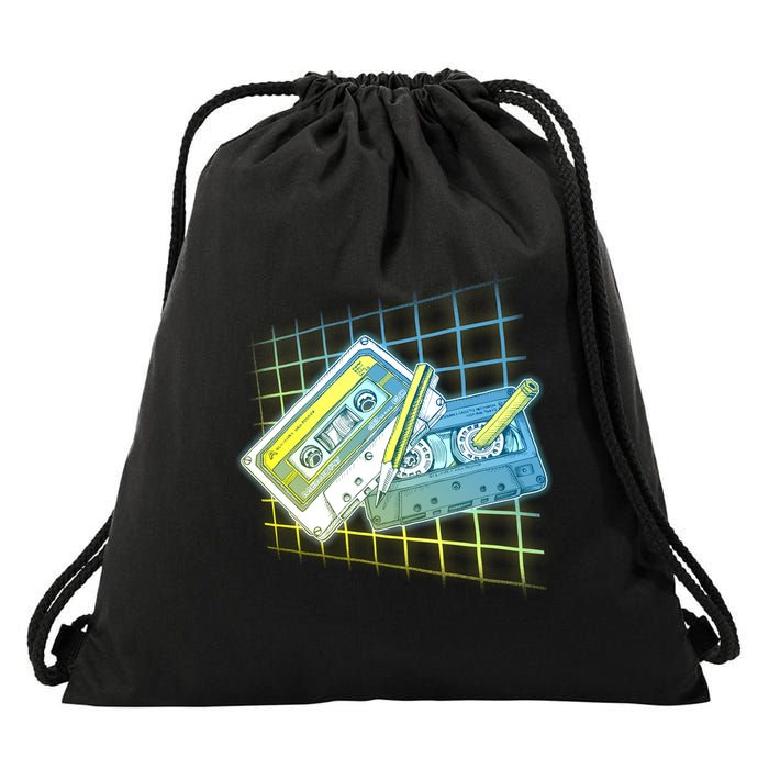 Retro 80's Rewind Cassette Tapes Broken Pencil Drawstring Bag