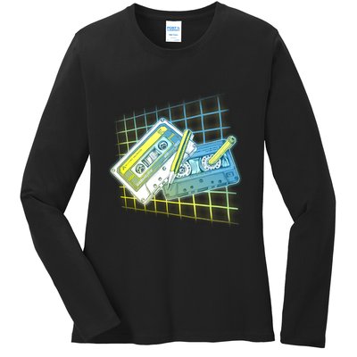 Retro 80's Rewind Cassette Tapes Broken Pencil Ladies Long Sleeve Shirt