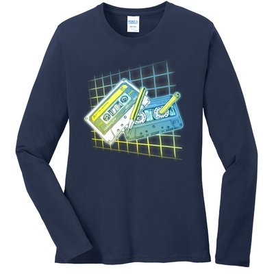 Retro 80's Rewind Cassette Tapes Broken Pencil Ladies Long Sleeve Shirt