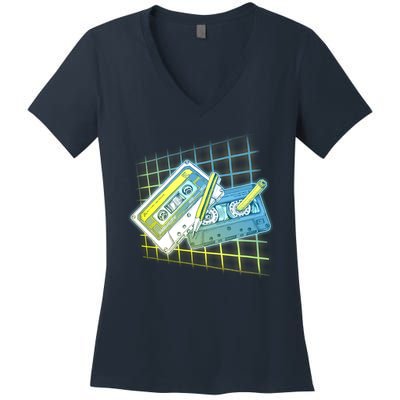 Retro 80's Rewind Cassette Tapes Broken Pencil Women's V-Neck T-Shirt