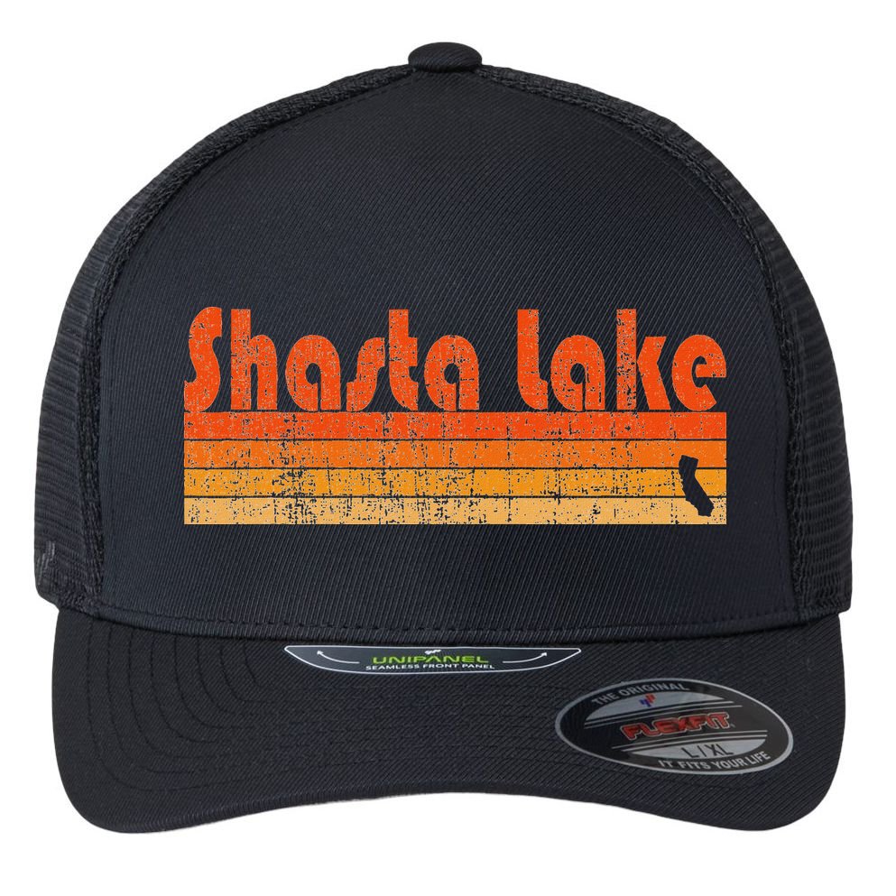 Retro 80s Style Shasta Lake Ca Flexfit Unipanel Trucker Cap