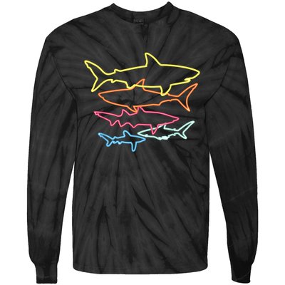 Retro 80s Shark Clothes Shark Party Tie-Dye Long Sleeve Shirt