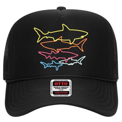 Retro 80s Shark Clothes Shark Party Sharks High Crown Mesh Back Trucker Hat