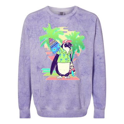 Retro 80's Tropical Surfer Penguin Colorblast Crewneck Sweatshirt