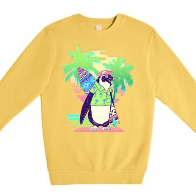 Retro 80's Tropical Surfer Penguin Premium Crewneck Sweatshirt