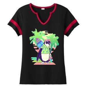 Retro 80's Tropical Surfer Penguin Ladies Halftime Notch Neck Tee