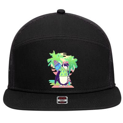 Retro 80's Tropical Surfer Penguin 7 Panel Mesh Trucker Snapback Hat