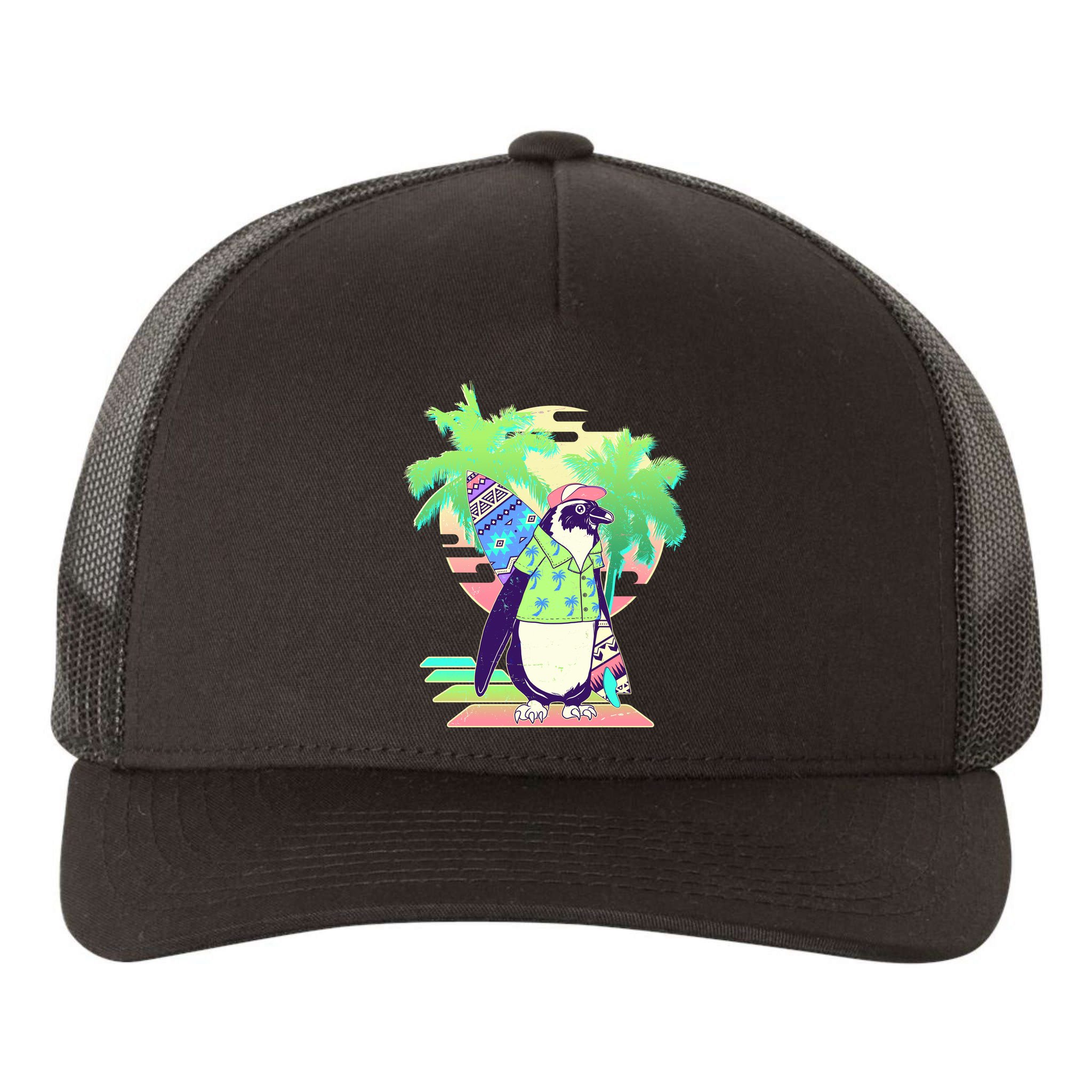 Retro 80's Tropical Surfer Penguin Yupoong Adult 5-Panel Trucker Hat