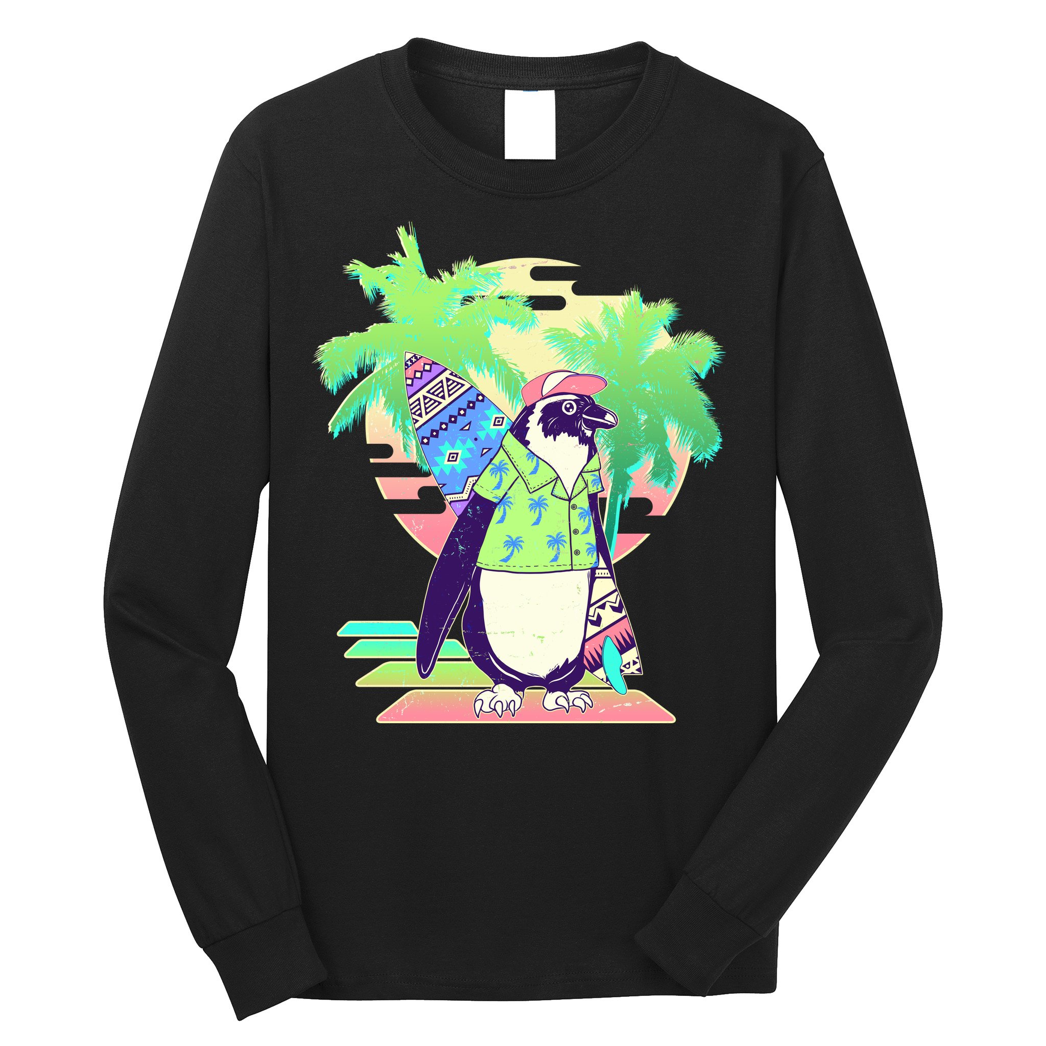 Retro 80's Tropical Surfer Penguin Long Sleeve Shirt