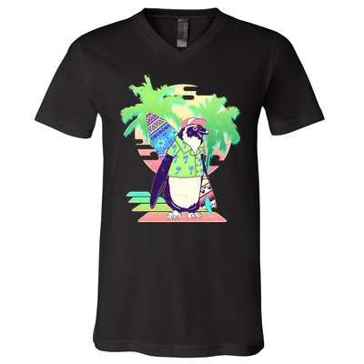 Retro 80's Tropical Surfer Penguin V-Neck T-Shirt