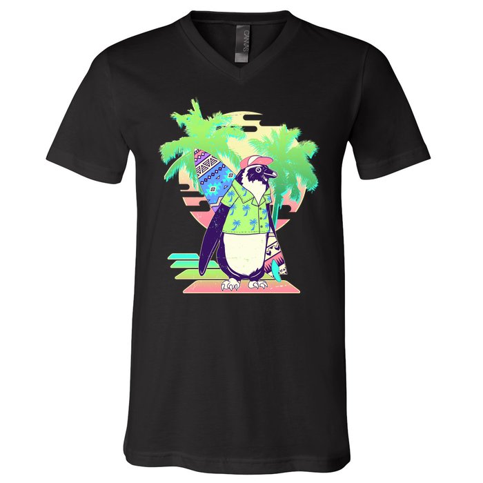 Retro 80's Tropical Surfer Penguin V-Neck T-Shirt