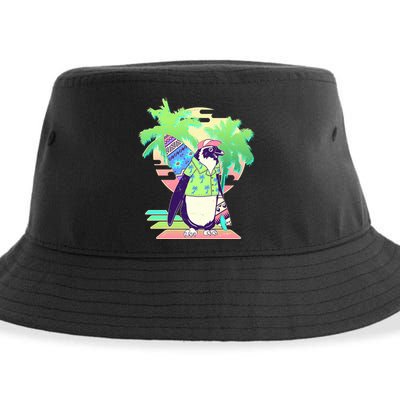 Retro 80's Tropical Surfer Penguin Sustainable Bucket Hat