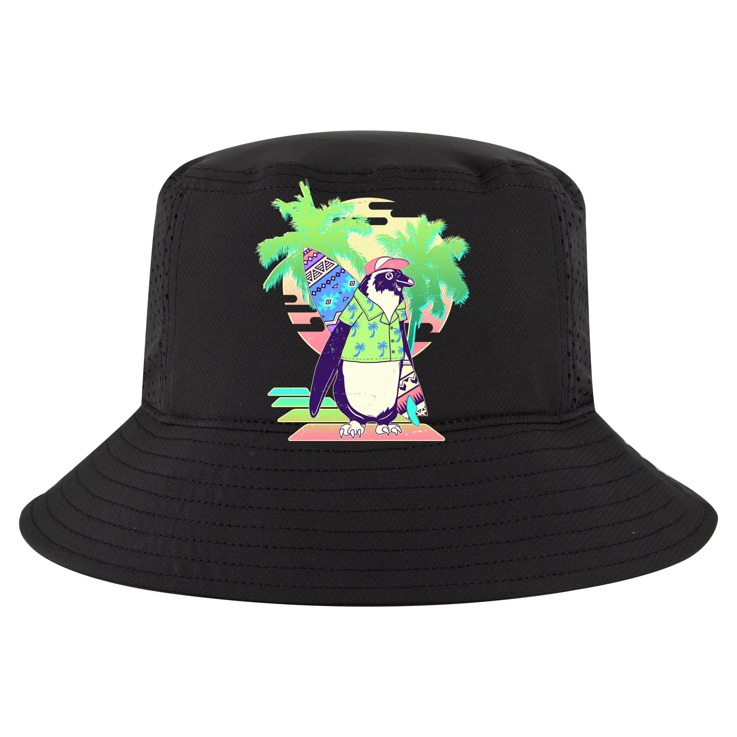 Retro 80's Tropical Surfer Penguin Sustainable Bucket Hat