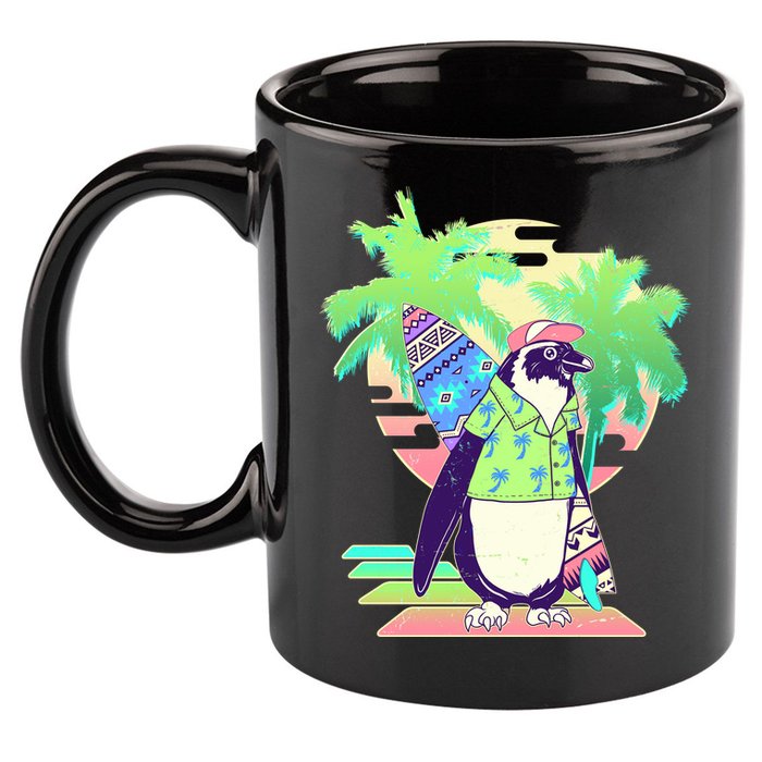 Retro 80's Tropical Surfer Penguin 11oz C Handle Ceramic Mug