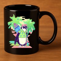 Retro 80's Tropical Surfer Penguin 11oz C Handle Ceramic Mug