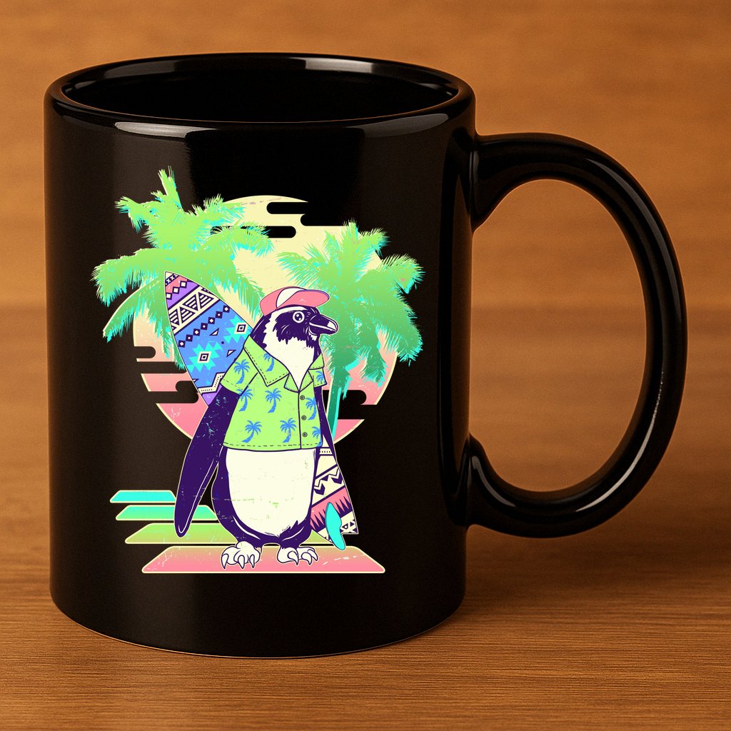 Retro 80's Tropical Surfer Penguin 11oz C Handle Ceramic Mug