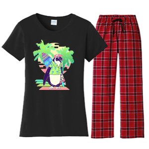 Retro 80's Tropical Surfer Penguin Women's Flannel Pajama Set