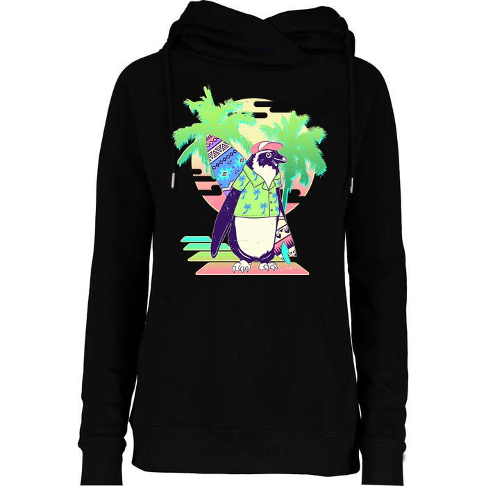 Retro 80's Tropical Surfer Penguin Womens Funnel Neck Pullover Hood