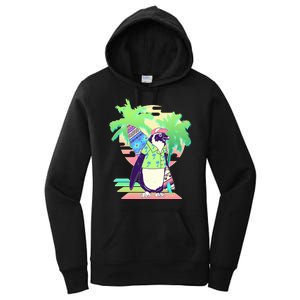 Retro 80's Tropical Surfer Penguin Women's Pullover Hoodie