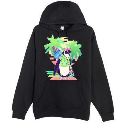 Retro 80's Tropical Surfer Penguin Premium Pullover Hoodie