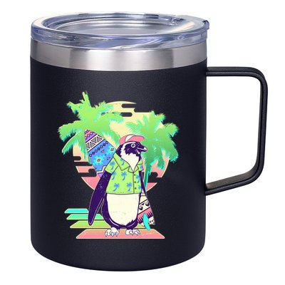 Retro 80's Tropical Surfer Penguin 12oz Stainless Steel Coffee Mug