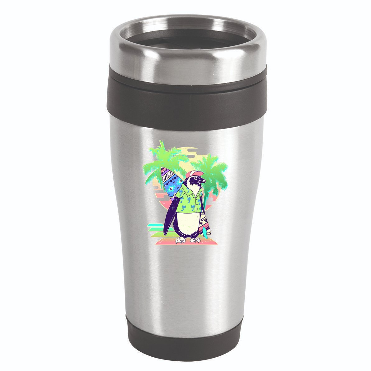 Retro 80's Tropical Surfer Penguin 16oz Travel Tumbler