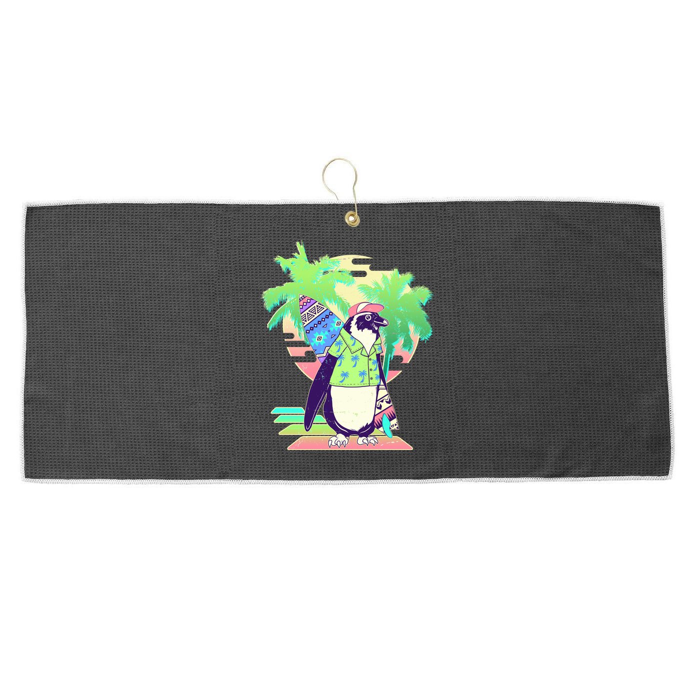Retro 80's Tropical Surfer Penguin Large Microfiber Waffle Golf Towel