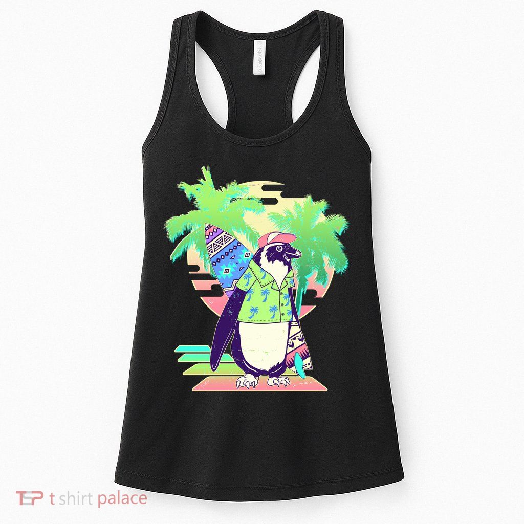 Retro 80's Tropical Surfer Penguin Womens Tank Top