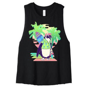 Retro 80's Tropical Surfer Penguin Women's Racerback Cropped Tank