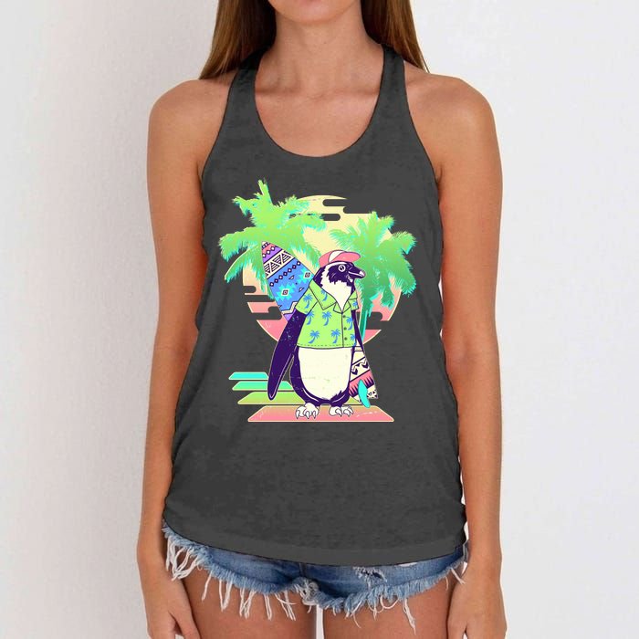 Retro 80's Tropical Surfer Penguin Women's Knotted Racerback Tank