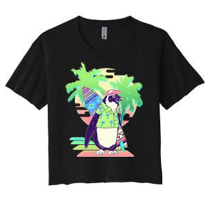 Retro 80's Tropical Surfer Penguin Women's Crop Top Tee