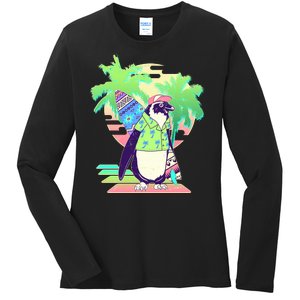 Retro 80's Tropical Surfer Penguin Ladies Long Sleeve Shirt