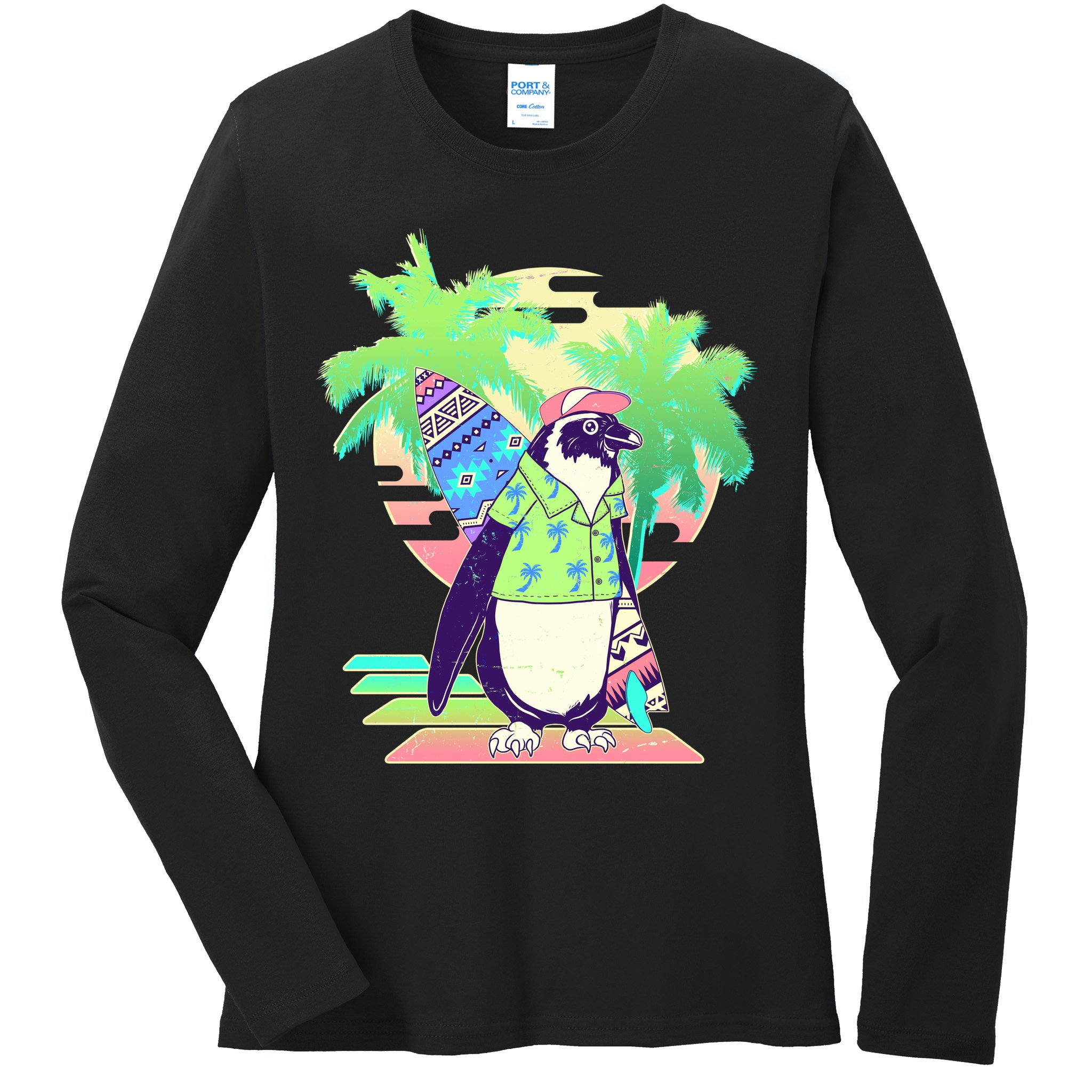 Retro 80's Tropical Surfer Penguin Ladies Long Sleeve Shirt