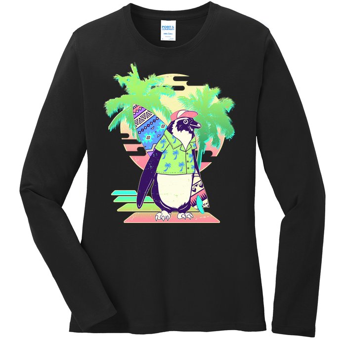 Retro 80's Tropical Surfer Penguin Ladies Long Sleeve Shirt