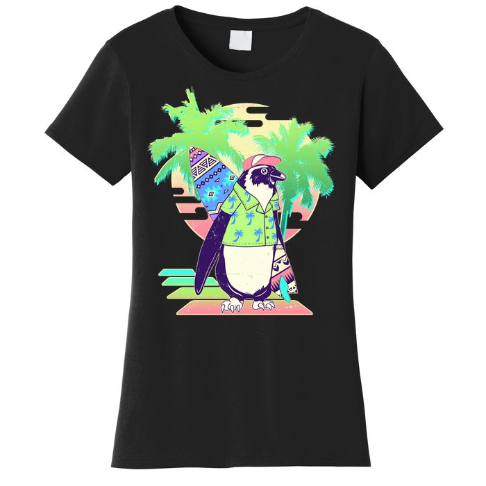 Retro 80's Tropical Surfer Penguin Women's T-Shirt